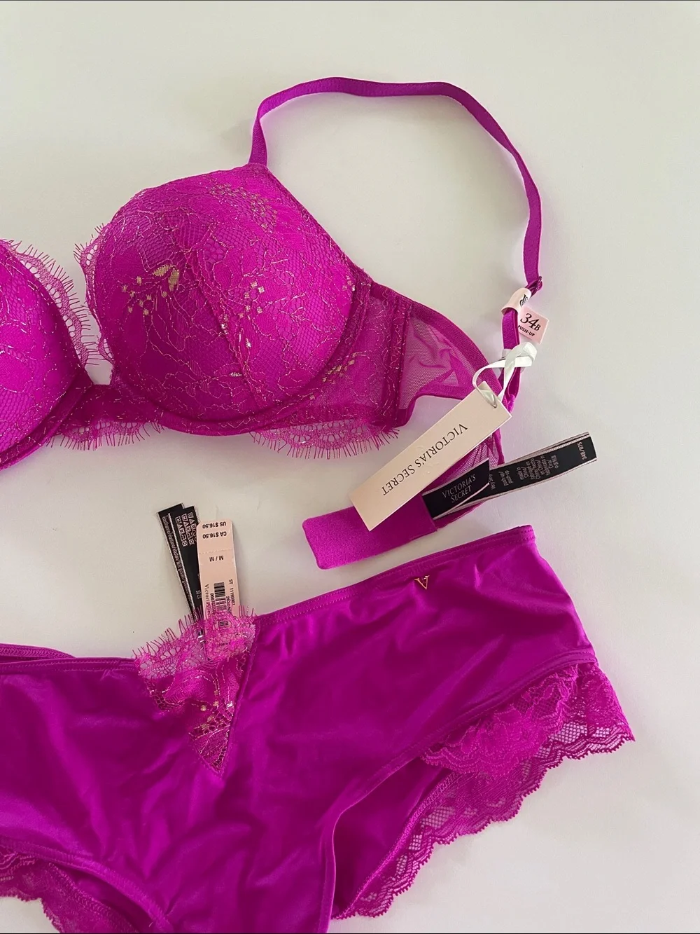 NWT Victoria's Secret Bright Fushia Lace Very SexyPush-Up Bra & Cheeky Panty Set